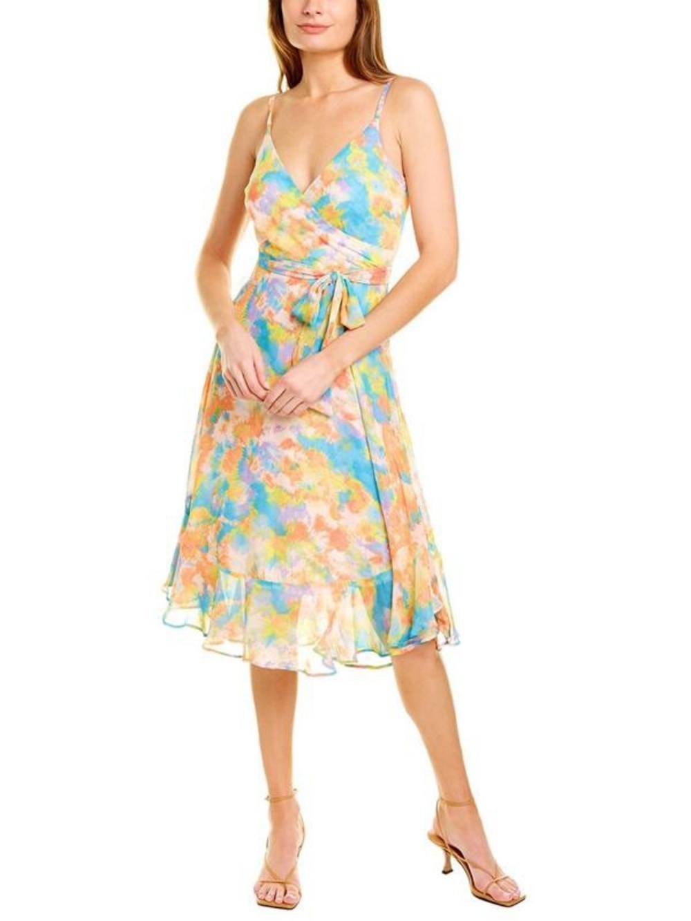 BCBGENERATION Midi Dress Tie Dye Sleeveless Ruffle Waist Tie Size 14 Colorful